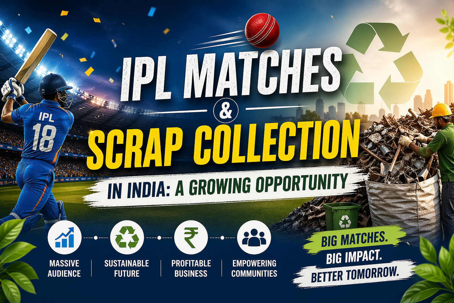 IPL matches and scrap collection in india, banner showing cricket stadium, player batting, and recycling scrap yard in India