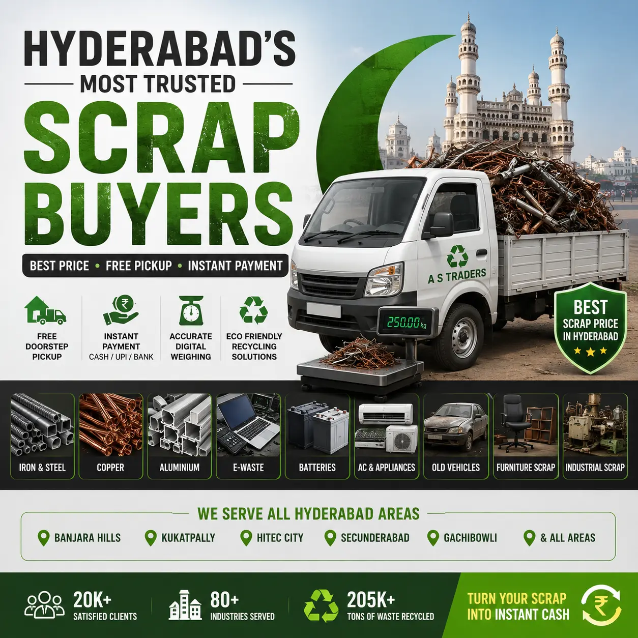 Professional scrap buyers in Hyderabad offering free doorstep scrap pickup for iron, copper, aluminium, e-waste, batteries, and old vehicles.