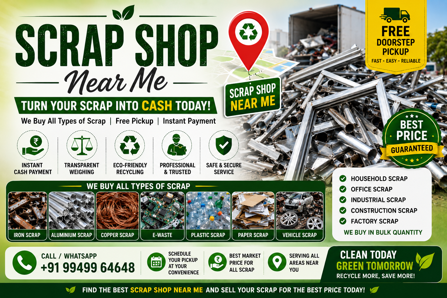 Scrap shop near me offering free doorstep pickup, instant cash payment, and eco-friendly recycling for iron, aluminium, copper, e-waste, plastic, and industrial scrap.