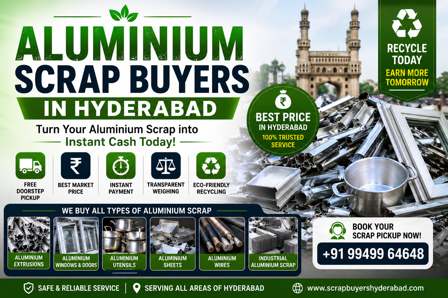 Aluminium scrap buyers in Hyderabad offering free doorstep pickup, instant payment, transparent weighing, and eco-friendly aluminium recycling services.