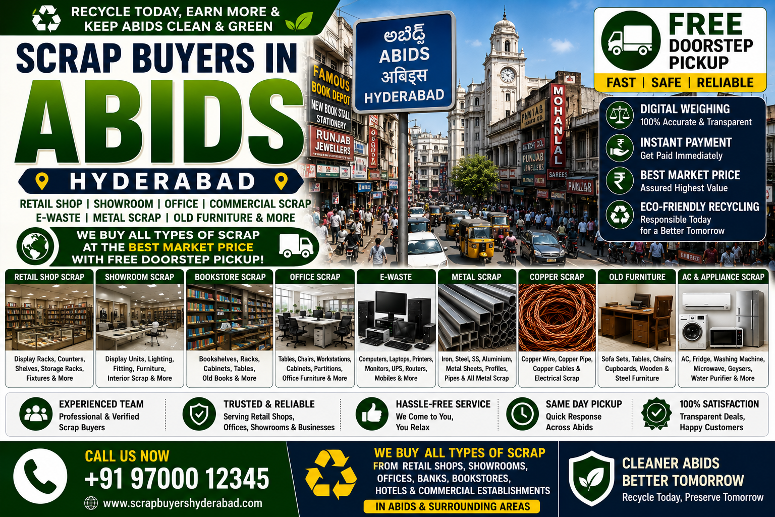 Scrap Buyers in Abids Hyderabad providing retail shop scrap collection, showroom scrap buying, office furniture recycling, commercial scrap pickup, e-waste disposal, and metal scrap collection with free doorstep pickup.