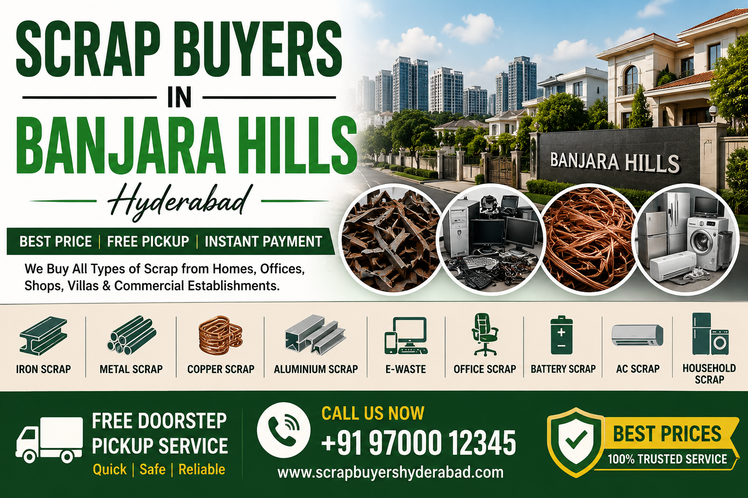 Scrap Buyers in Madhapur Hyderabad offering office scrap, e-waste, computer scrap, metal scrap, copper scrap, aluminum scrap, battery scrap, and free doorstep pickup services with instant payment.