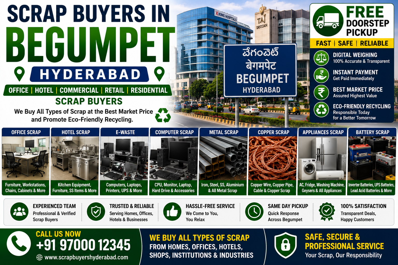 Scrap Buyers in Begumpet Hyderabad offering office scrap collection, commercial scrap buying, e-waste recycling, computer scrap disposal, and metal scrap pickup services.