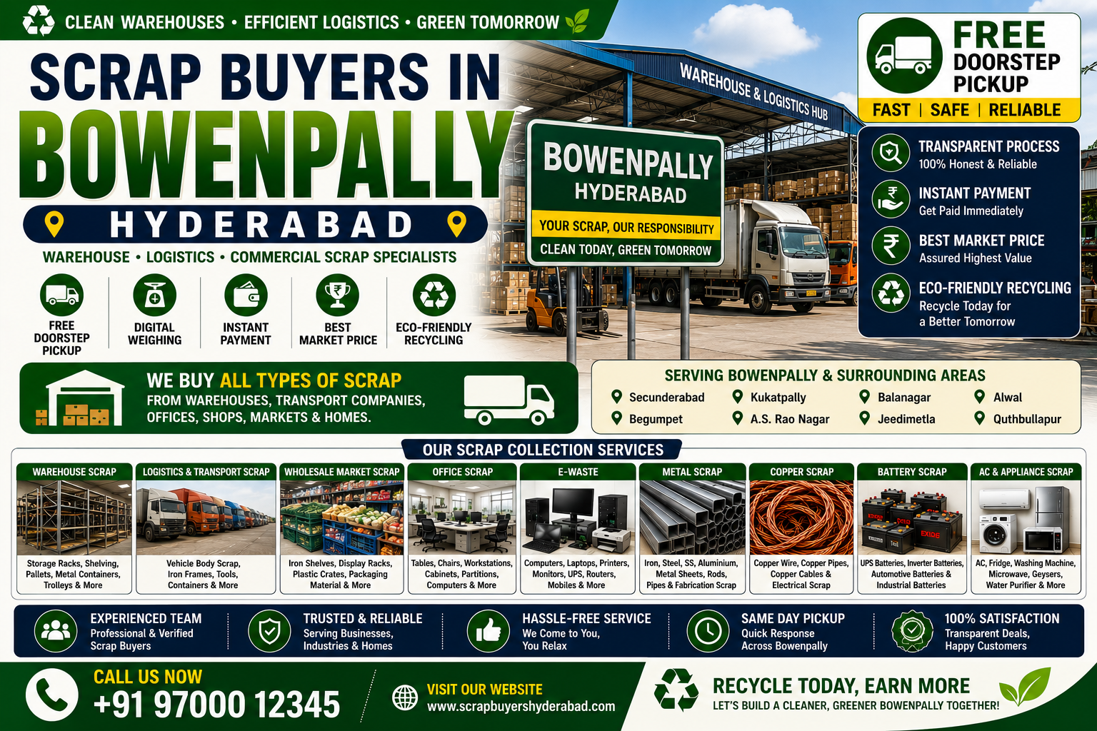 Scrap Buyers in Bowenpally Hyderabad providing warehouse scrap collection, logistics company scrap buying, transport scrap recycling, office scrap pickup, e-waste disposal, and metal scrap collection with free doorstep pickup.