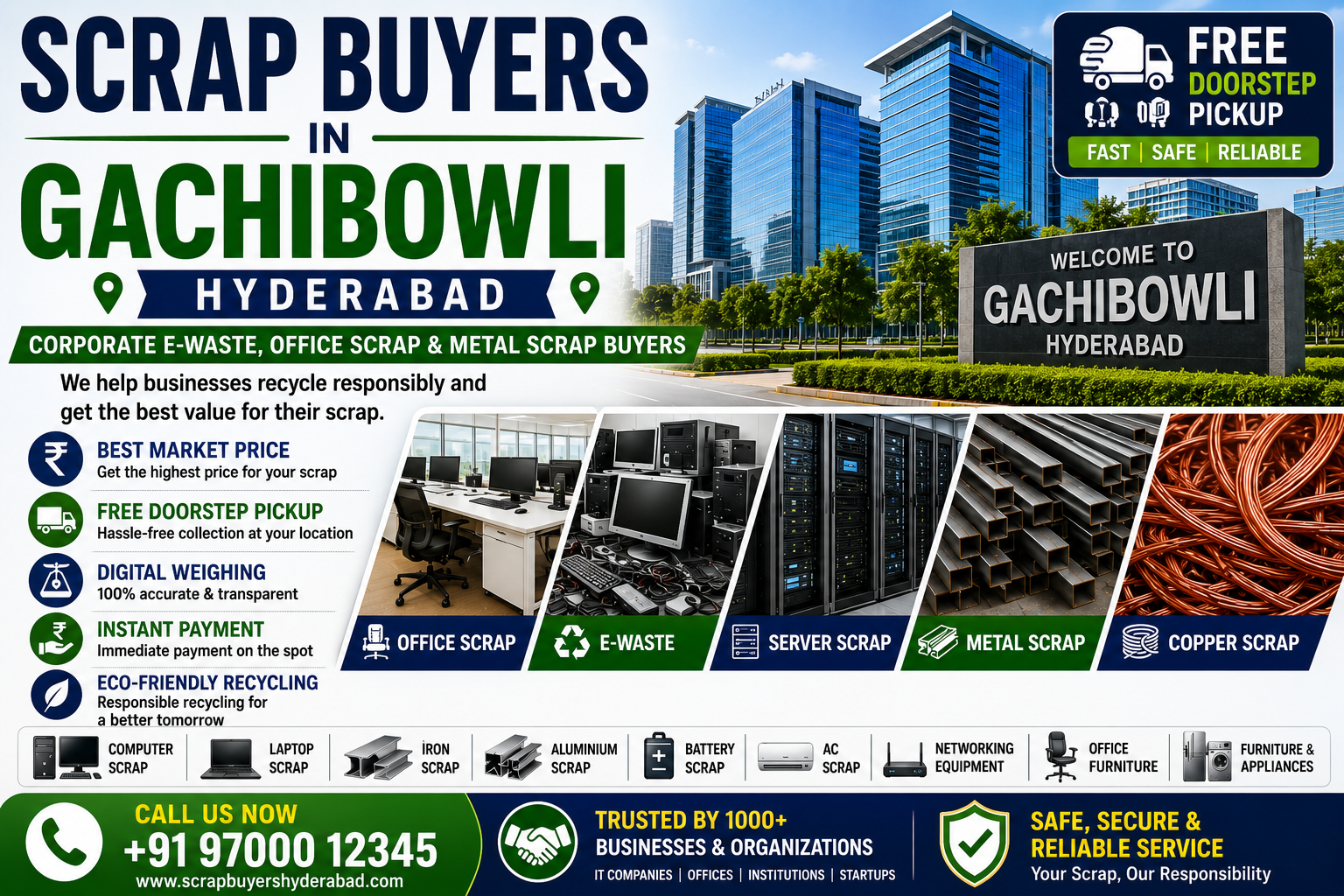 Scrap Buyers in Gachibowli Hyderabad offering office scrap collection, corporate e-waste recycling, IT asset disposal, server scrap buying, and metal scrap pickup services.
