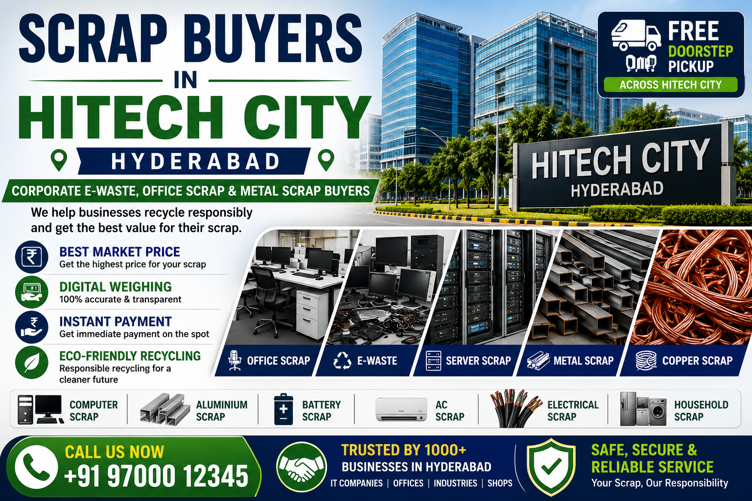 Scrap Buyers in Hitech City Hyderabad providing corporate e-waste recycling, office scrap collection, computer scrap disposal, server scrap buying, and metal scrap pickup services.