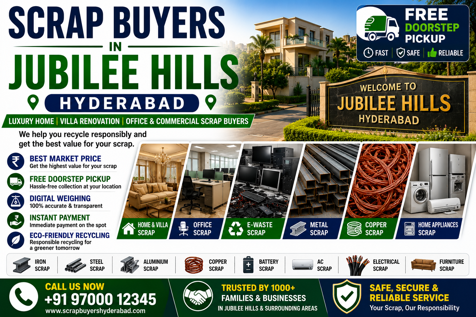 Scrap Buyers in Jubilee Hills Hyderabad offering villa renovation scrap collection, household scrap buying, office scrap recycling, e-waste disposal, and metal scrap pickup services.