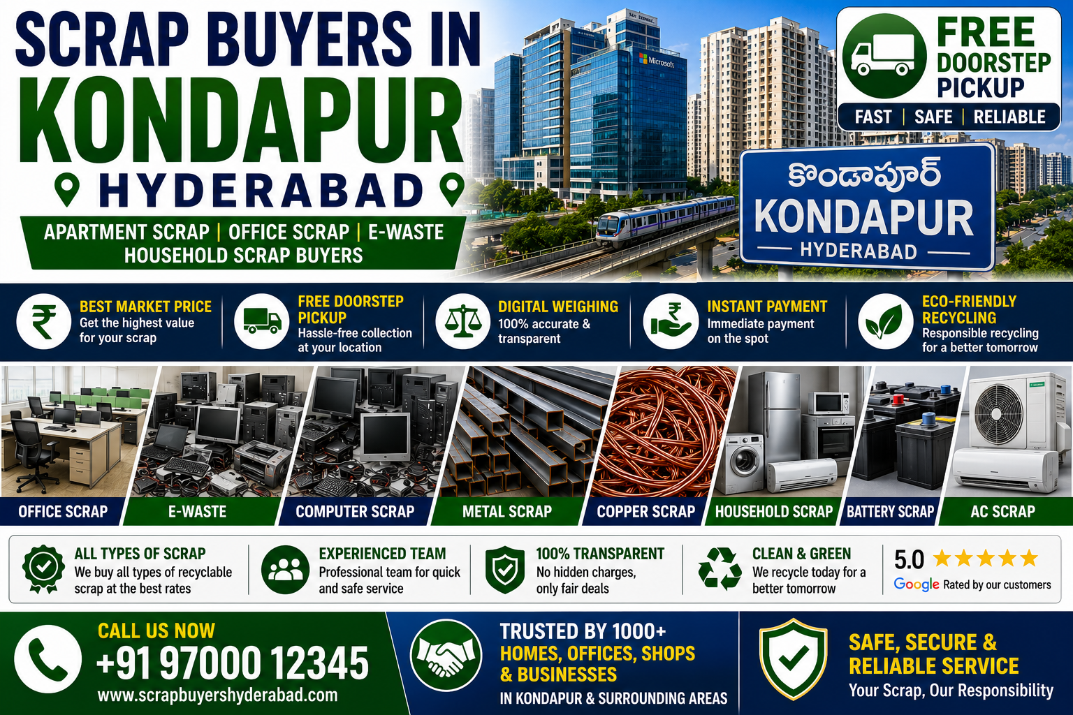 Scrap Buyers in Kondapur Hyderabad offering apartment scrap collection, office scrap recycling, e-waste disposal, metal scrap buying, and household scrap pickup services.