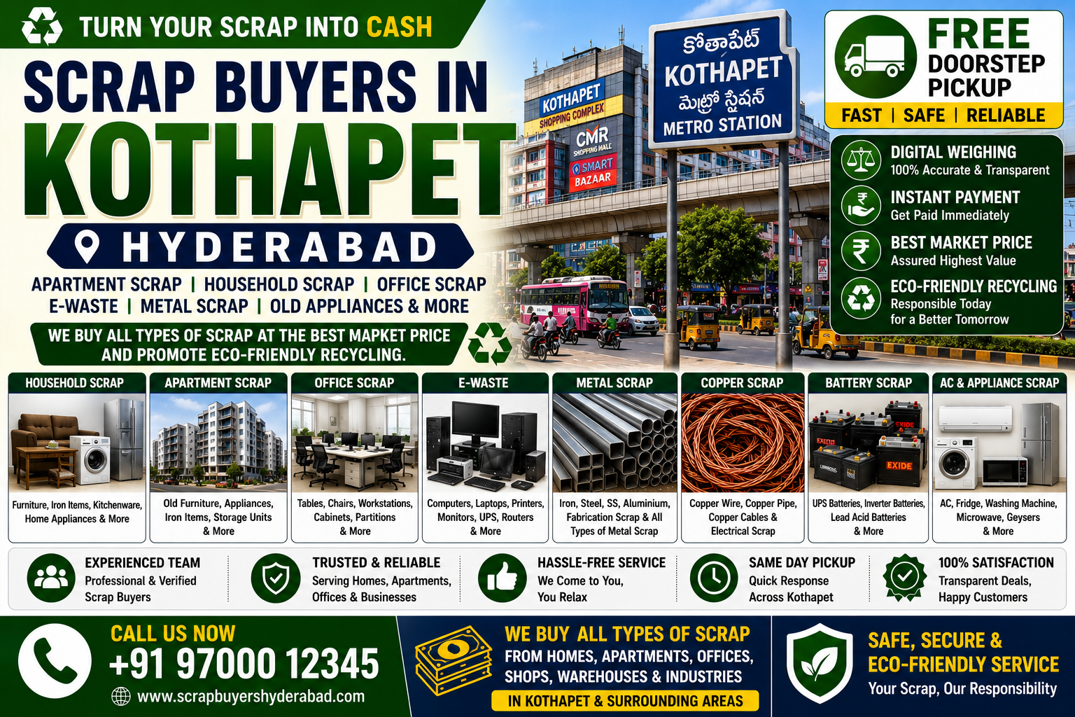 Scrap Buyers in Kothapet Hyderabad offering apartment scrap collection, household scrap buying, office scrap recycling, e-waste disposal, metal scrap pickup, and free doorstep collection.