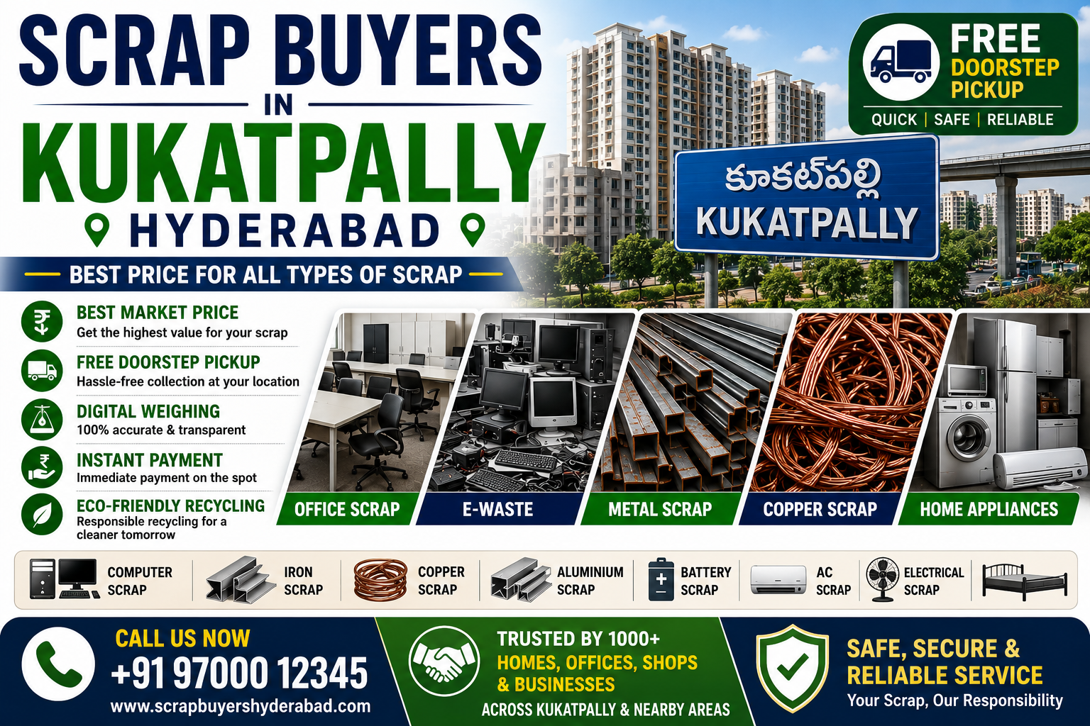 Scrap Buyers in Kukatpally Hyderabad offering household scrap collection, apartment scrap pickup, office scrap recycling, e-waste disposal, and metal scrap buying services.