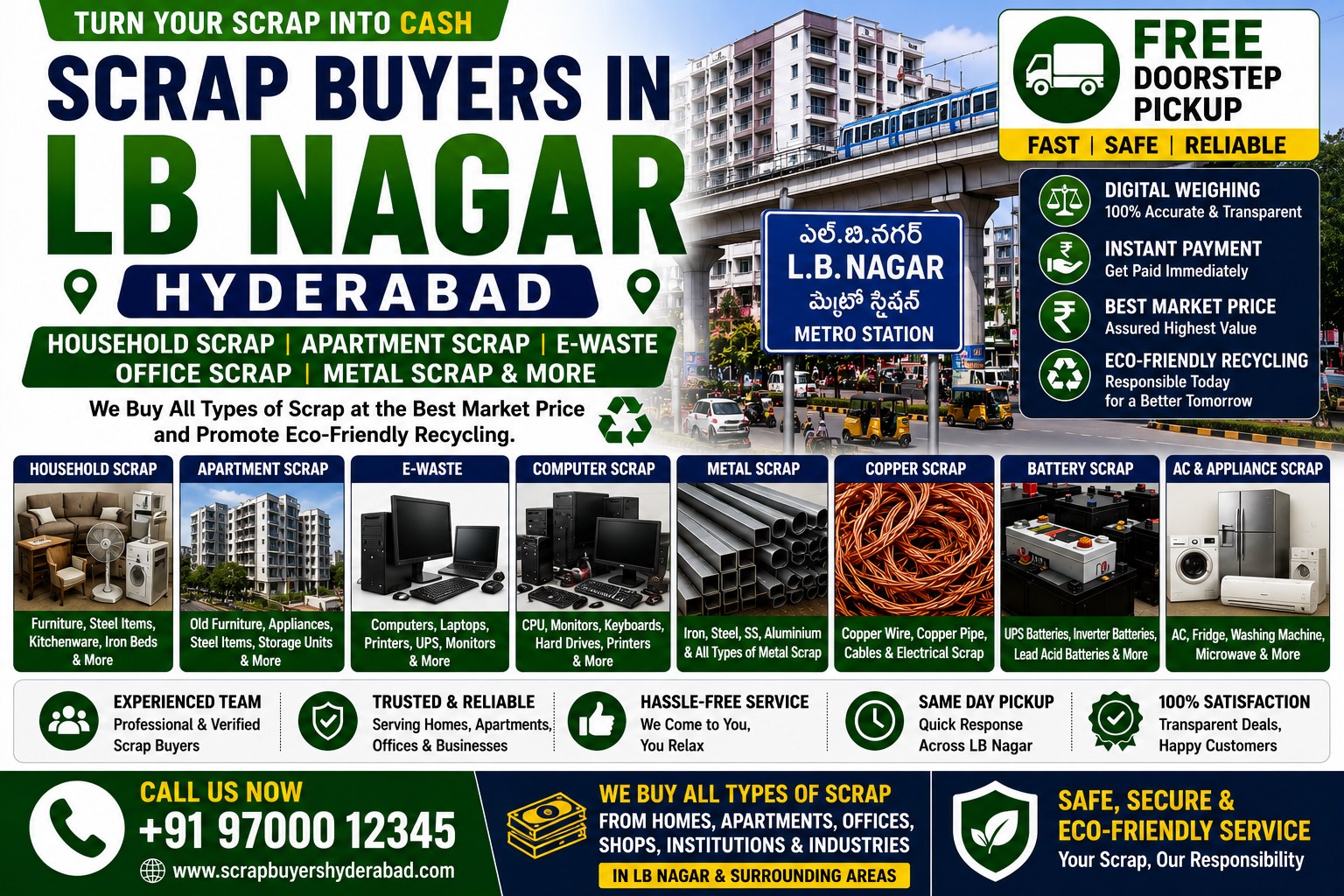 Scrap Buyers in LB Nagar Hyderabad offering household scrap collection, apartment scrap pickup, office scrap recycling, e-waste disposal, and metal scrap buying services.