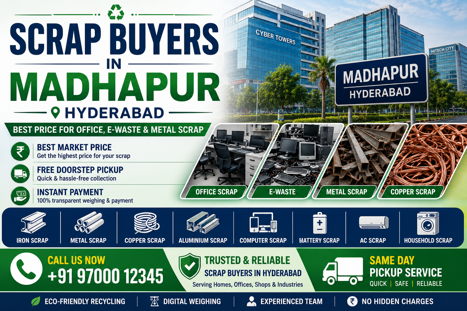 Professional scrap buyers in Madhapur Hyderabad offering office scrap, e-waste, metal scrap, copper scrap, aluminum scrap, battery scrap, and household scrap pickup services at the best market price.