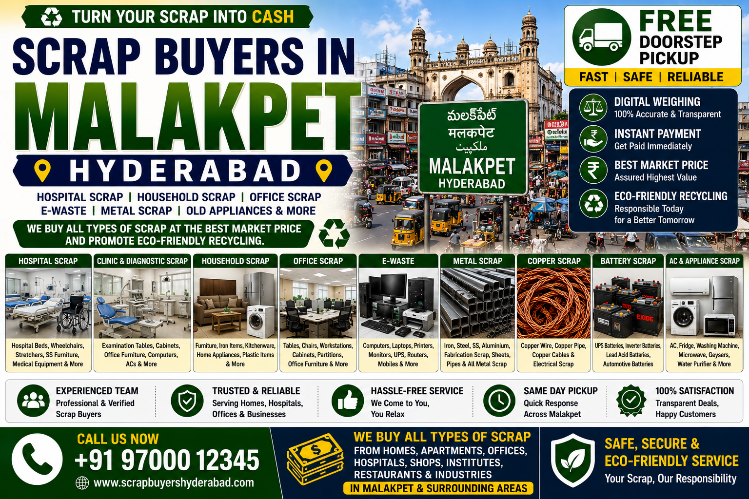 Scrap Buyers in Malakpet Hyderabad providing hospital scrap collection, household scrap pickup, office scrap recycling, clinic equipment scrap buying, e-waste disposal, metal scrap recycling, and free doorstep pickup services.