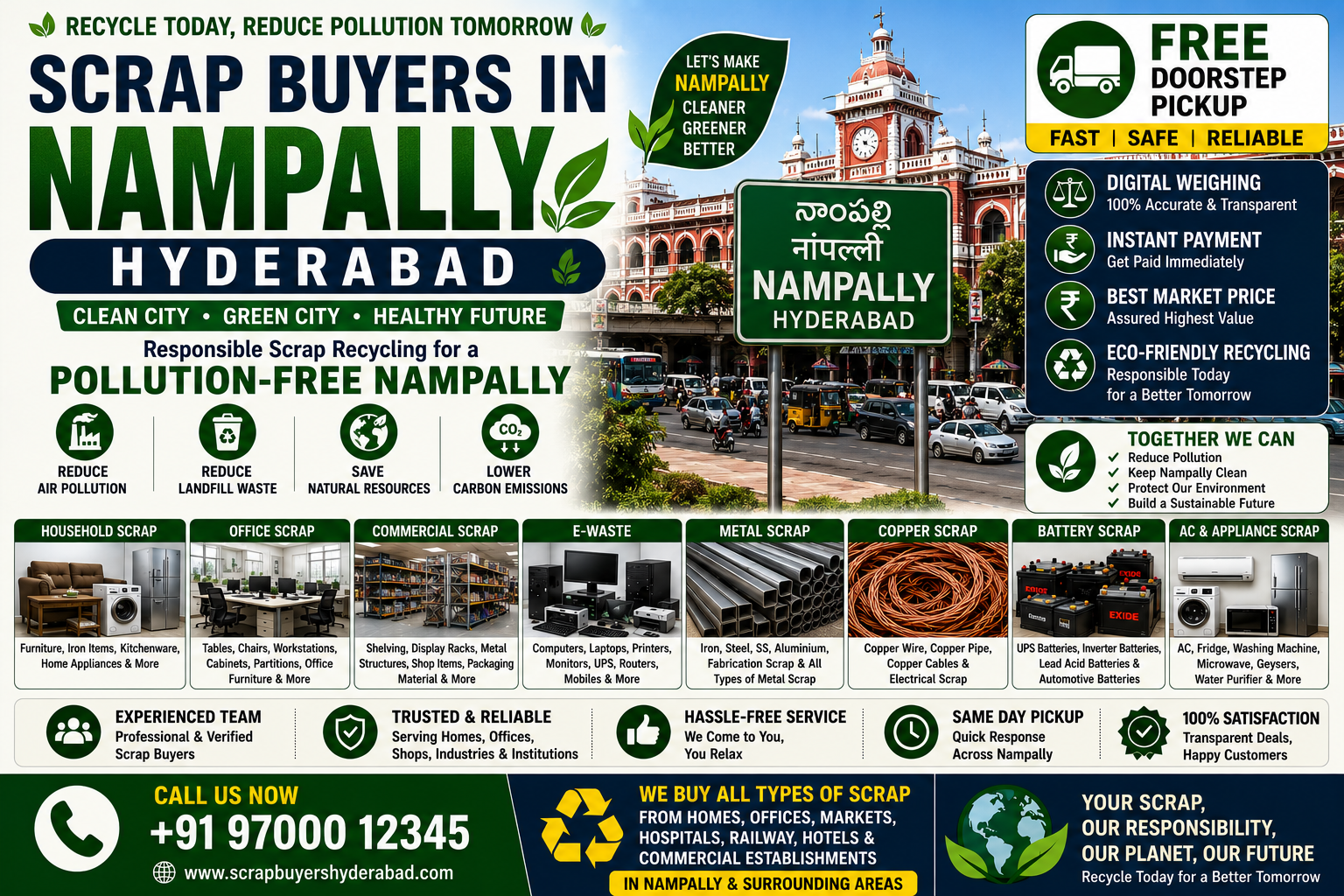 Scrap Buyers in Nampally Hyderabad offering eco-friendly scrap recycling, household scrap collection, office scrap buying, commercial scrap pickup, e-waste recycling, metal scrap collection, and pollution reduction with free doorstep pickup.