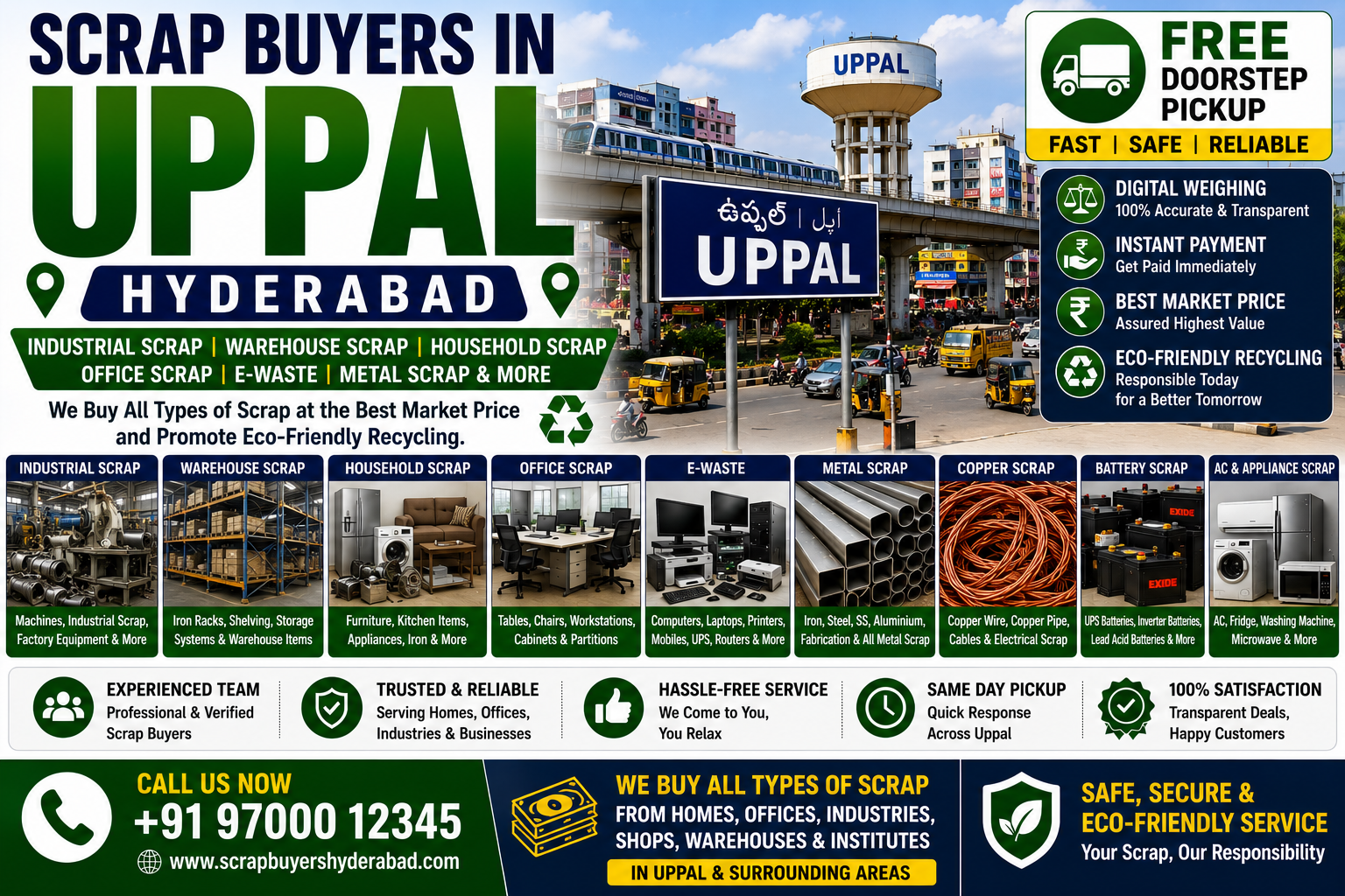 Scrap Buyers in Uppal Hyderabad offering industrial scrap collection, warehouse scrap buying, household scrap pickup, office scrap recycling, e-waste disposal, and metal scrap services.