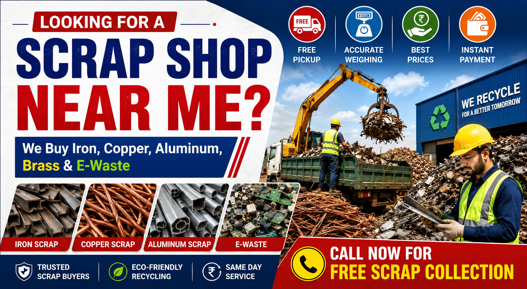 Professional Scrap Buyers Near Me offering iron scrap, copper scrap, aluminum scrap, brass scrap, and e-waste collection with free pickup, accurate weighing, and instant payment.